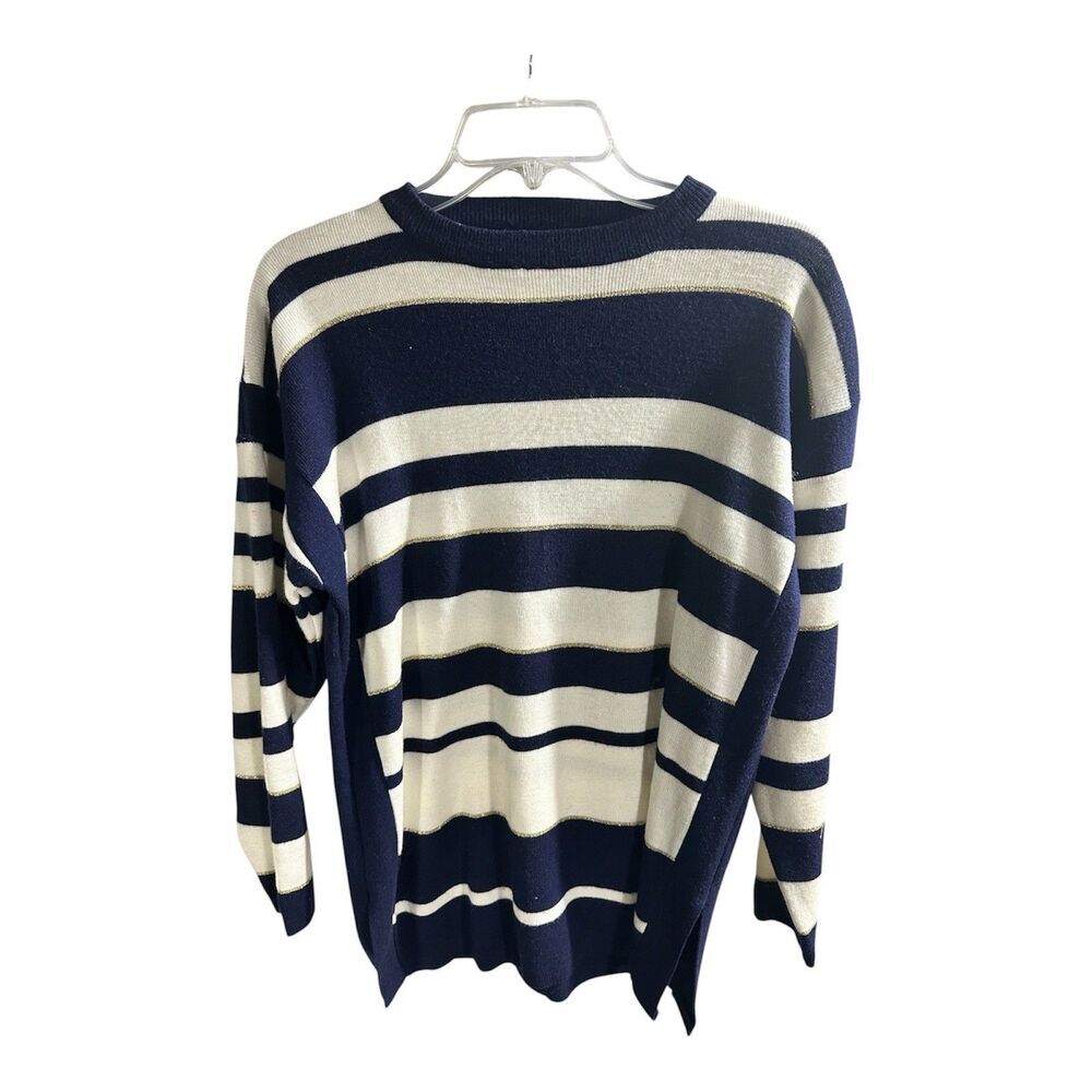 Du Rhone Collection Womens Striped Long Sweater Navy Blue White‎ Metallic Size S